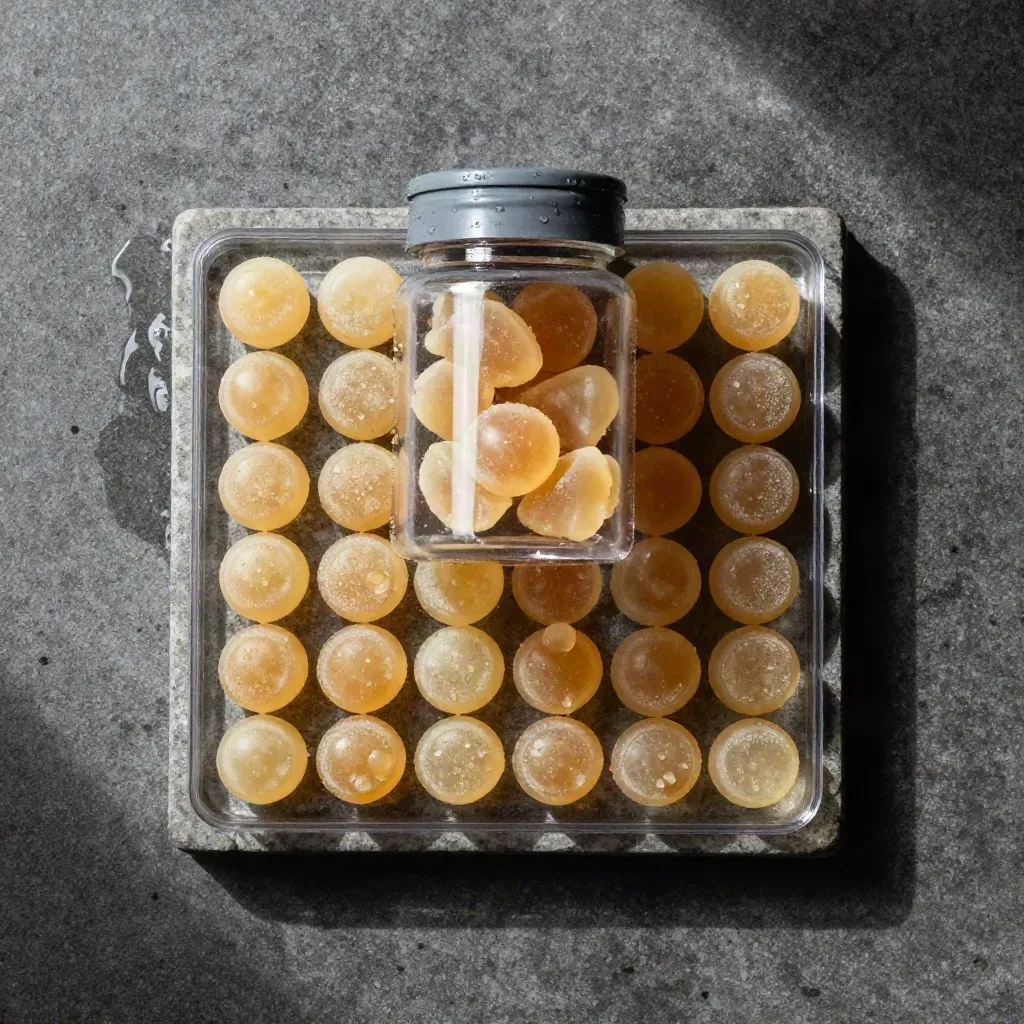 Clear CBD gummies jar, tray, and scattered gummies on wet charcoal stone