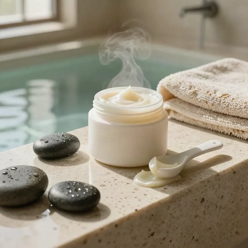 Open cooling hemp topical jar with scoop, spa stones, and steam on travertine.