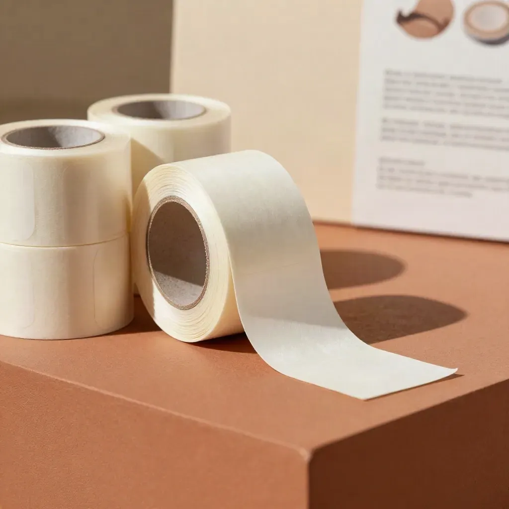 Cream blank label wrap set with rolled adhesive strips and peeled liners on terracotta plaster.