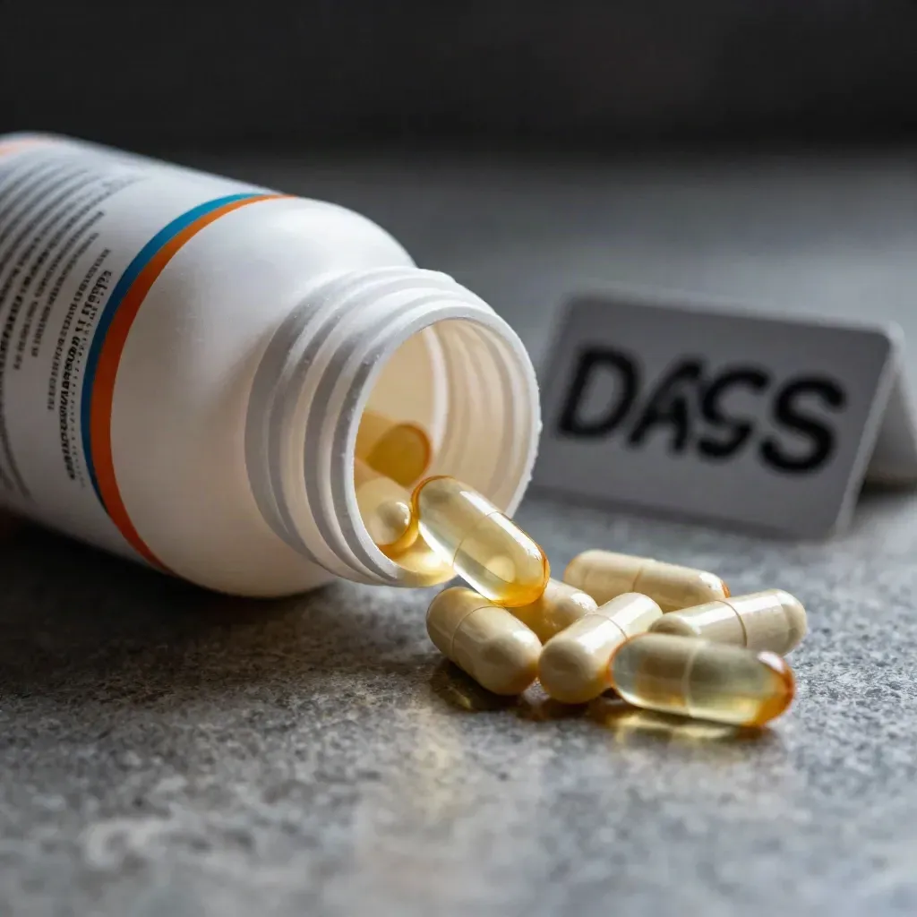 Broad-spectrum softgels bottle with glossy capsules on brushed stone, dramatic low-light studio shot