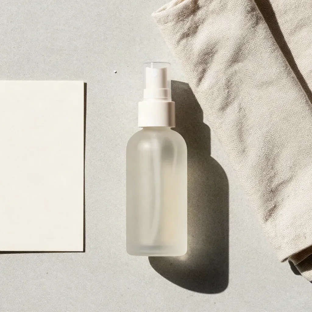 Overhead hemp extract spray bottle, linen cloth, glass cap, and cream card on pale concrete.