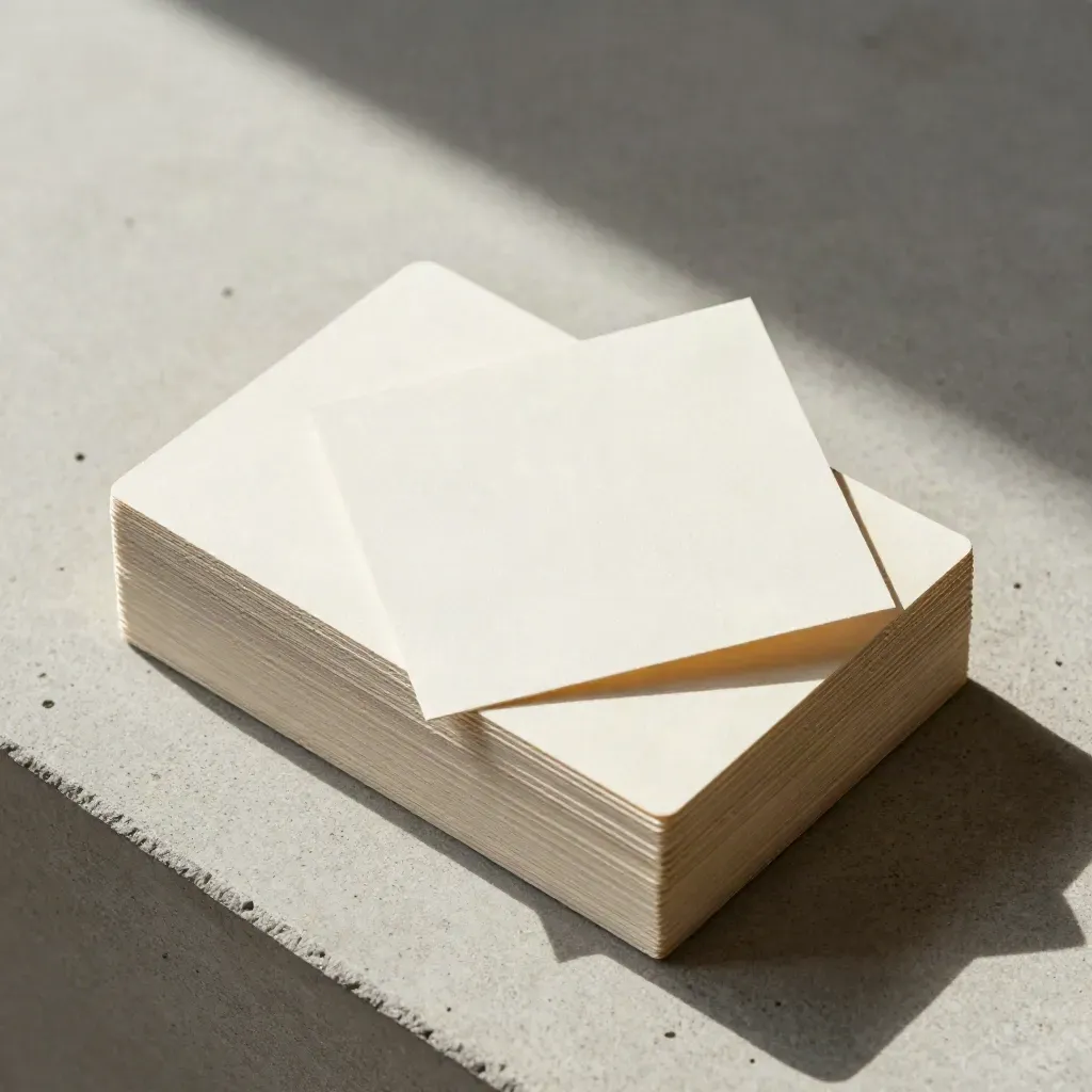 Overhead flatlay of fanned cream display counter cards with one lifted edge